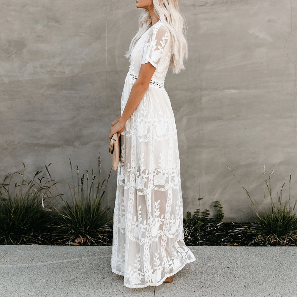 Maevis | Women's Elegant Lace Short Sleeve V-Neck Maxi Dress