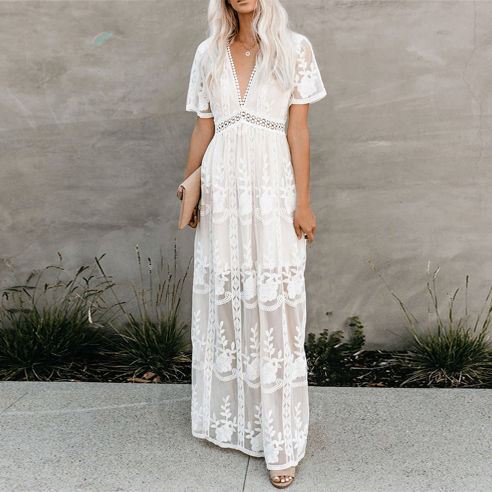 Maevis | Women's Elegant Lace Short Sleeve V-Neck Maxi Dress