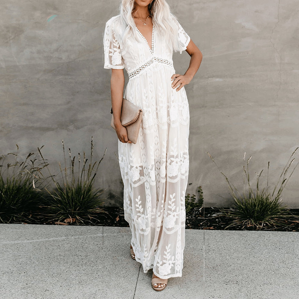 Maevis | Women's Elegant Lace Short Sleeve V-Neck Maxi Dress