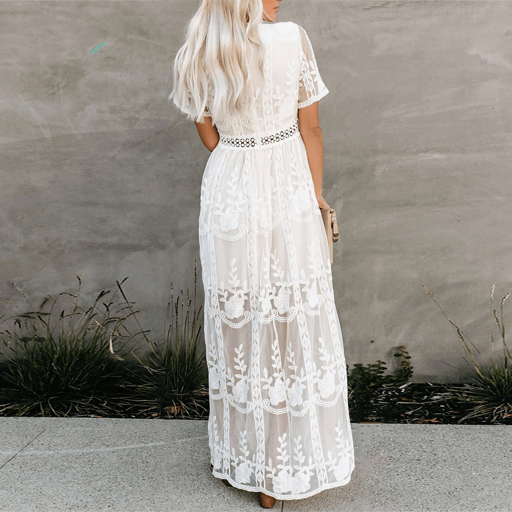 Maevis | Women's Elegant Lace Short Sleeve V-Neck Maxi Dress