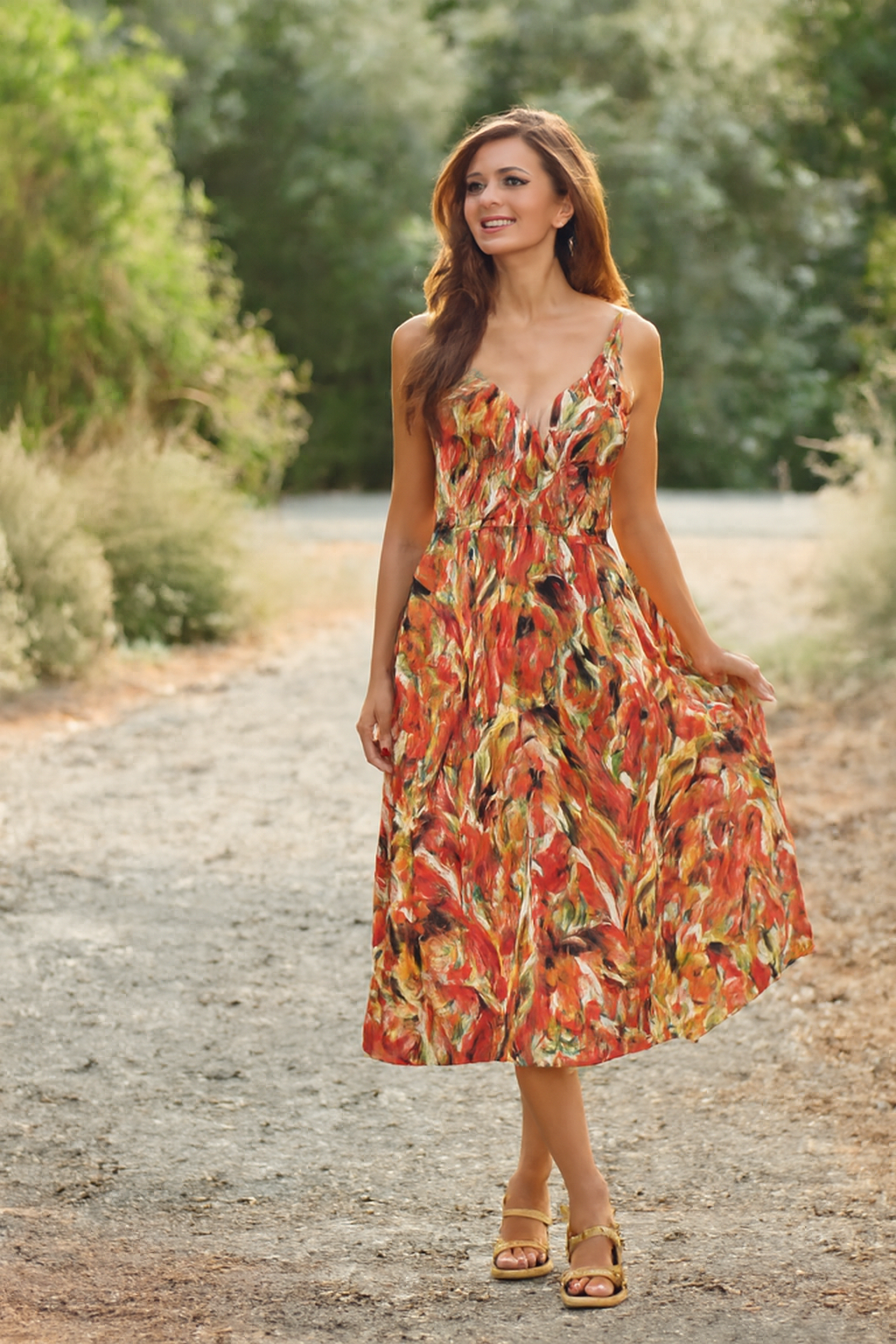 Ceinwen | Women's Tropical Print Spaghetti Strap Wrap Midi Sundress