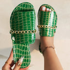 Celeste | Women's Stylish Croc-Embossed Slide Sandals with Chain Detail