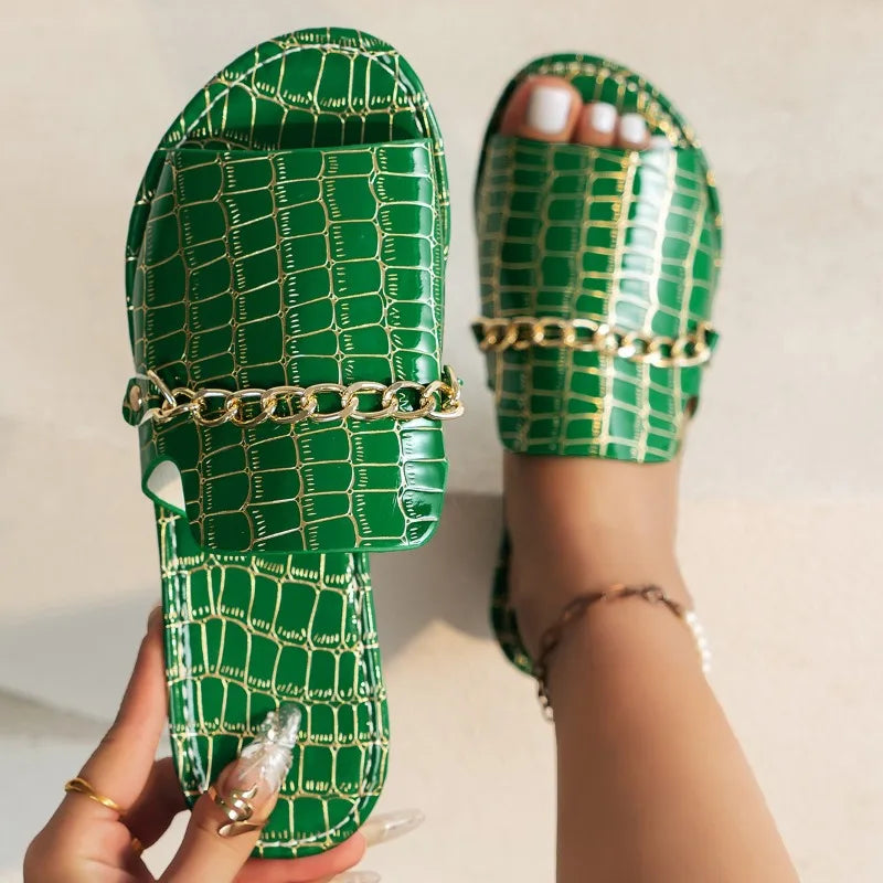 Celeste | Women's Stylish Croc-Embossed Slide Sandals with Chain Detail