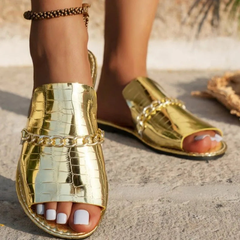 Celeste | Women's Stylish Croc-Embossed Slide Sandals with Chain Detail