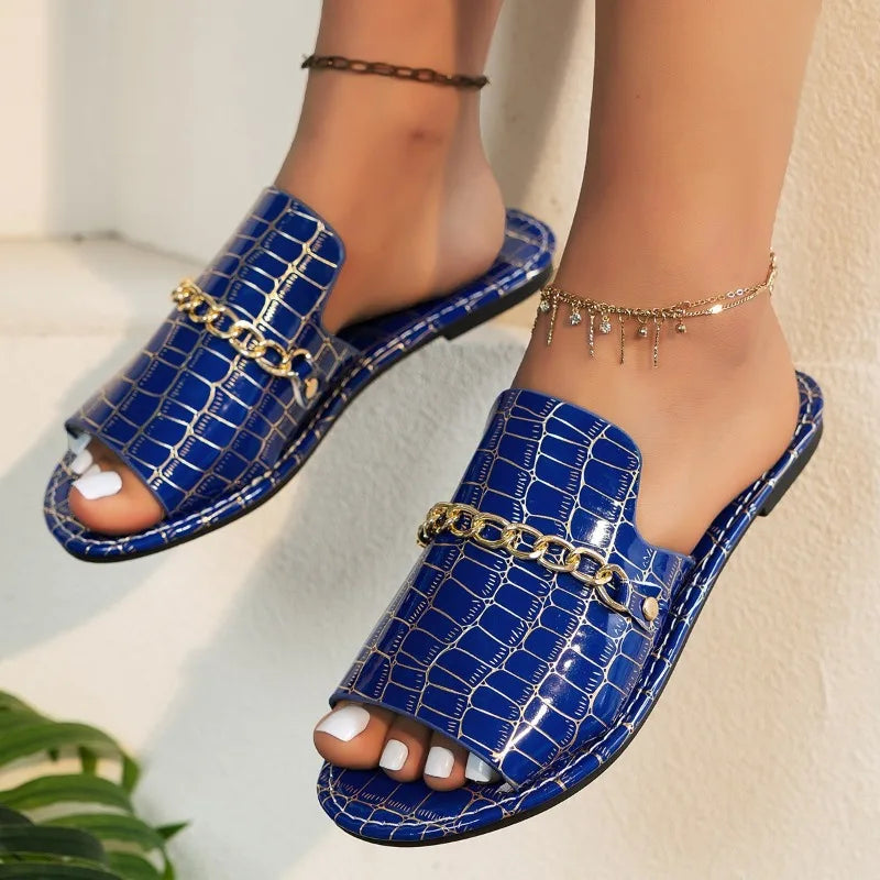 Celeste | Women's Stylish Croc-Embossed Slide Sandals with Chain Detail