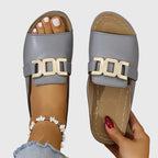 Zyphora | Women's Gold Hardware Buckle Flat Slip-On Sandals