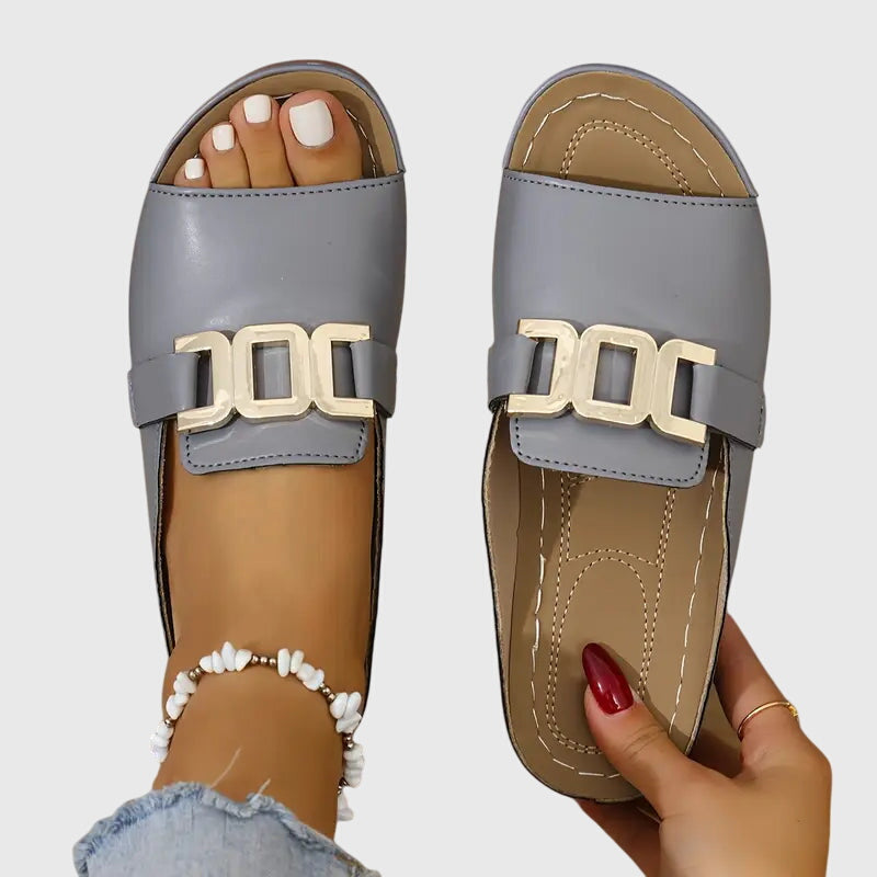 Zyphora | Women's Gold Hardware Buckle Flat Slip-On Sandals
