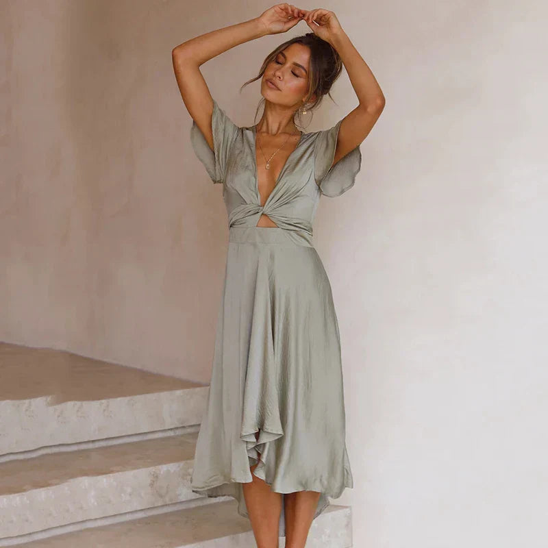 Toireasa | Women's Deep V-Neck Twist Front Midi Dress