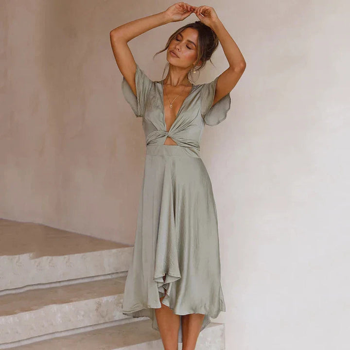 Toireasa | Women's Deep V-Neck Twist Front Midi Dress