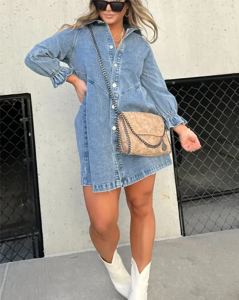 Idony | Women's Casual Button-Down Long Sleeve Mini Shirt Dress