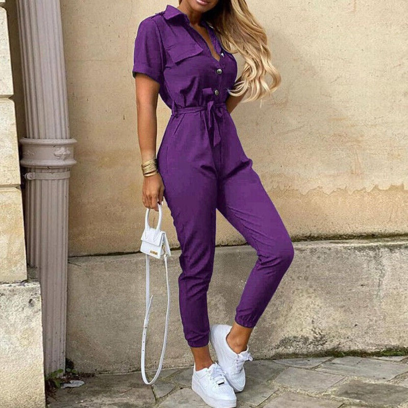 Heilwig | Women's Striped Belted Short Sleeve Jumpsuit