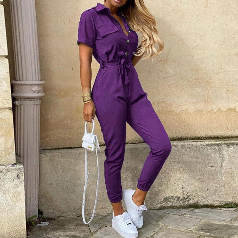 Heilwig | Women's Striped Belted Short Sleeve Jumpsuit