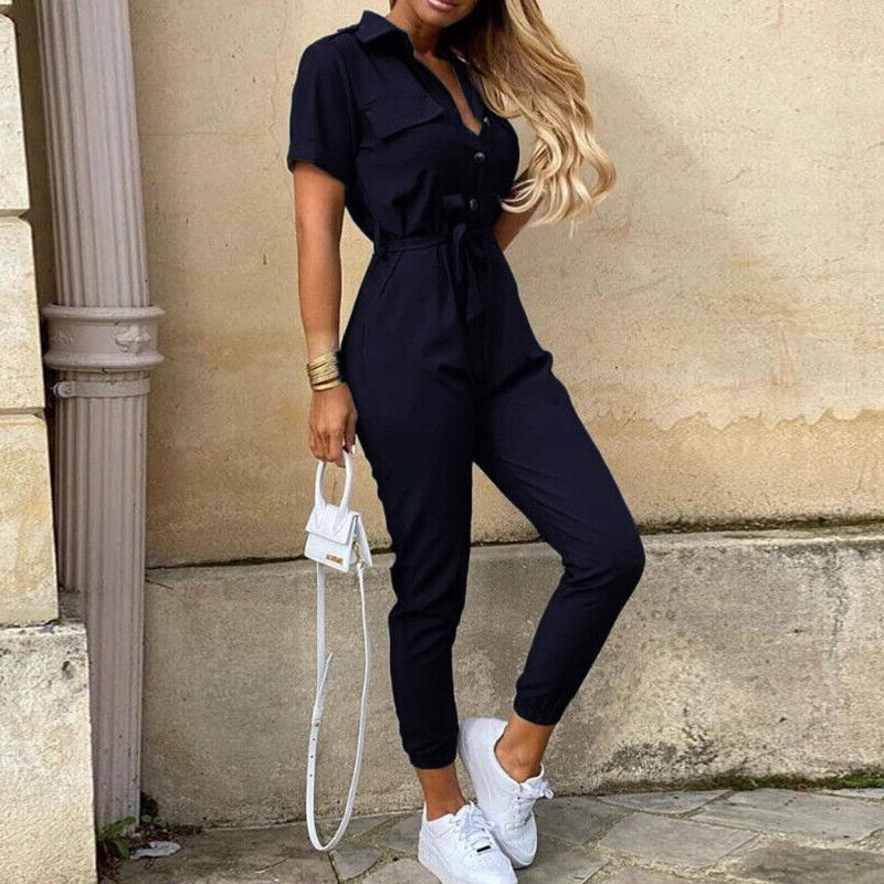 Heilwig | Women's Striped Belted Short Sleeve Jumpsuit