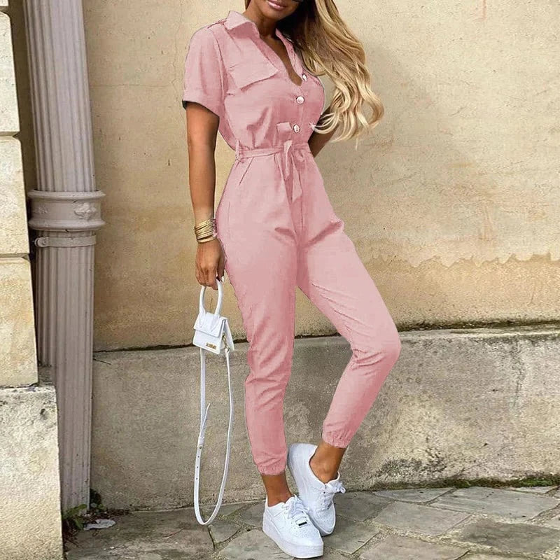 Heilwig | Women's Striped Belted Short Sleeve Jumpsuit