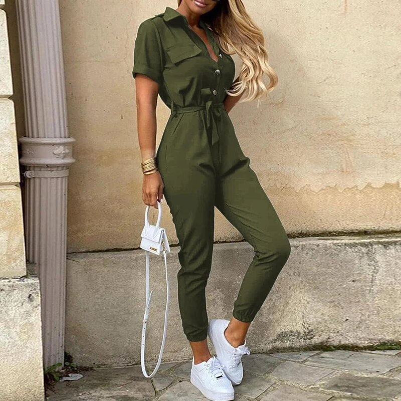 Heilwig | Women's Striped Belted Short Sleeve Jumpsuit