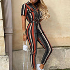 Heilwig | Women's Striped Belted Short Sleeve Jumpsuit