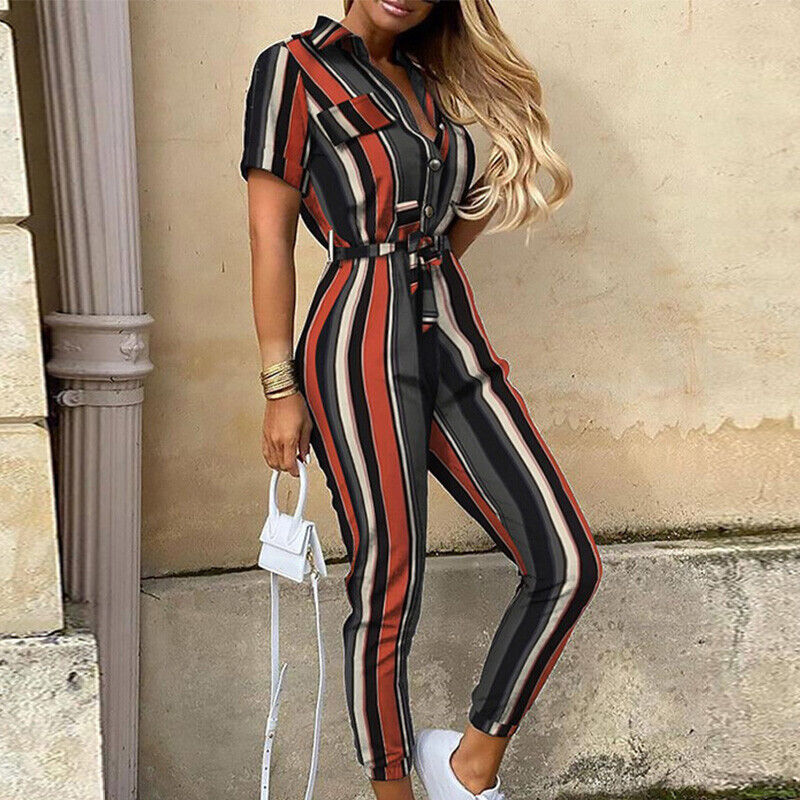 Heilwig | Women's Striped Belted Short Sleeve Jumpsuit
