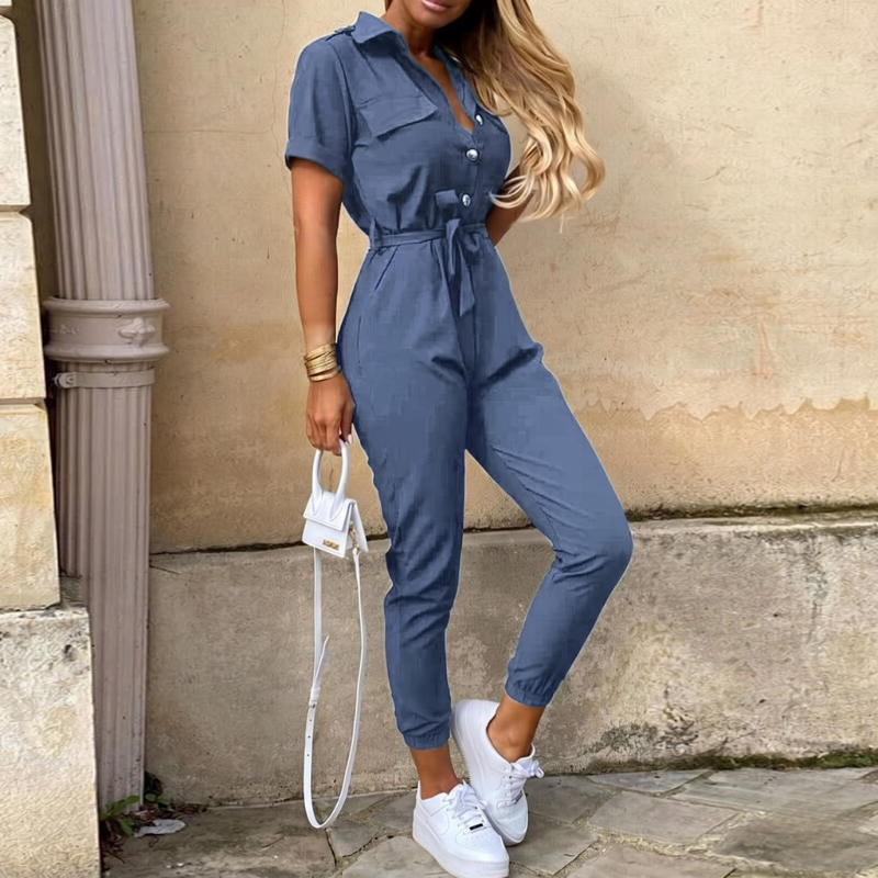 Heilwig | Women's Striped Belted Short Sleeve Jumpsuit