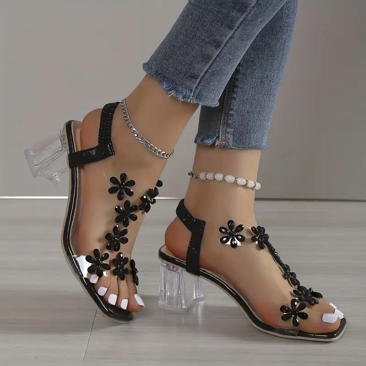 Caius | Women's Floral Crystal T-Bar Clear Block Heel Sandals