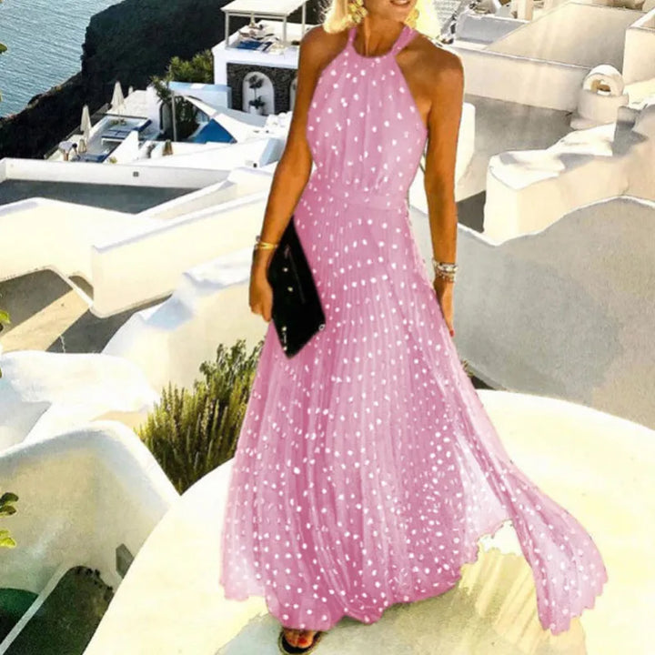 Novira | Women's Halter Neck Pleated Polka Dot Maxi Dress