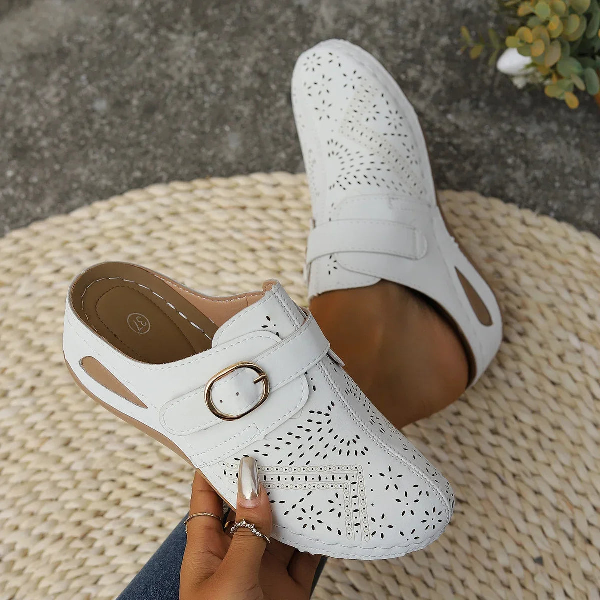 Delphine | Women's Vintage Clogs with Perforated Design Buckle Strap