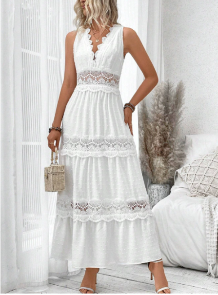 Demi | Women's Elegant Sleeveless Lace Trim Tiered Maxi Dress
