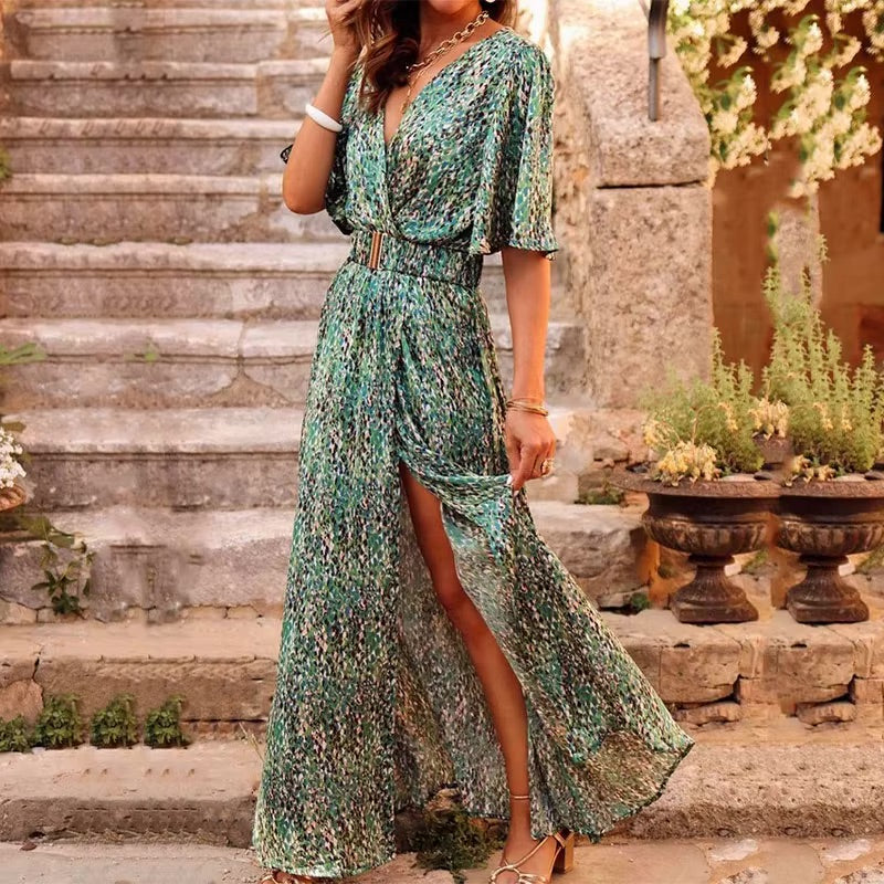 Ilaria | Women's Bold Floral Wrap V-Neck Flutter Sleeve Maxi Dress