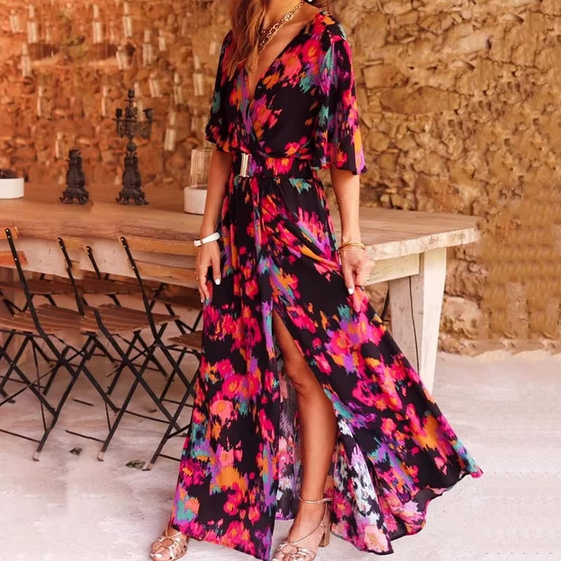 Ilaria | Women's Bold Floral Wrap V-Neck Flutter Sleeve Maxi Dress