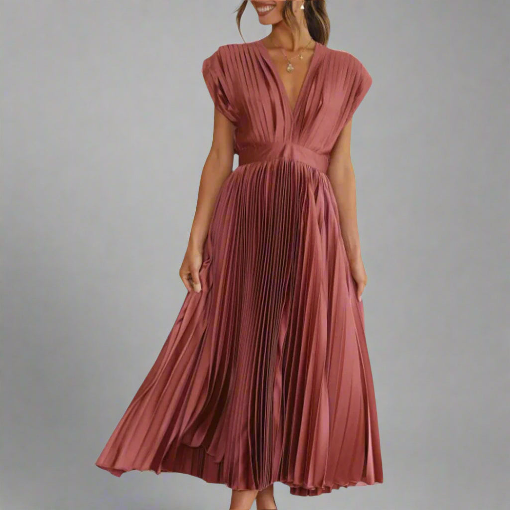 Kasia | Women's Pleated V-Neck Midi Dress