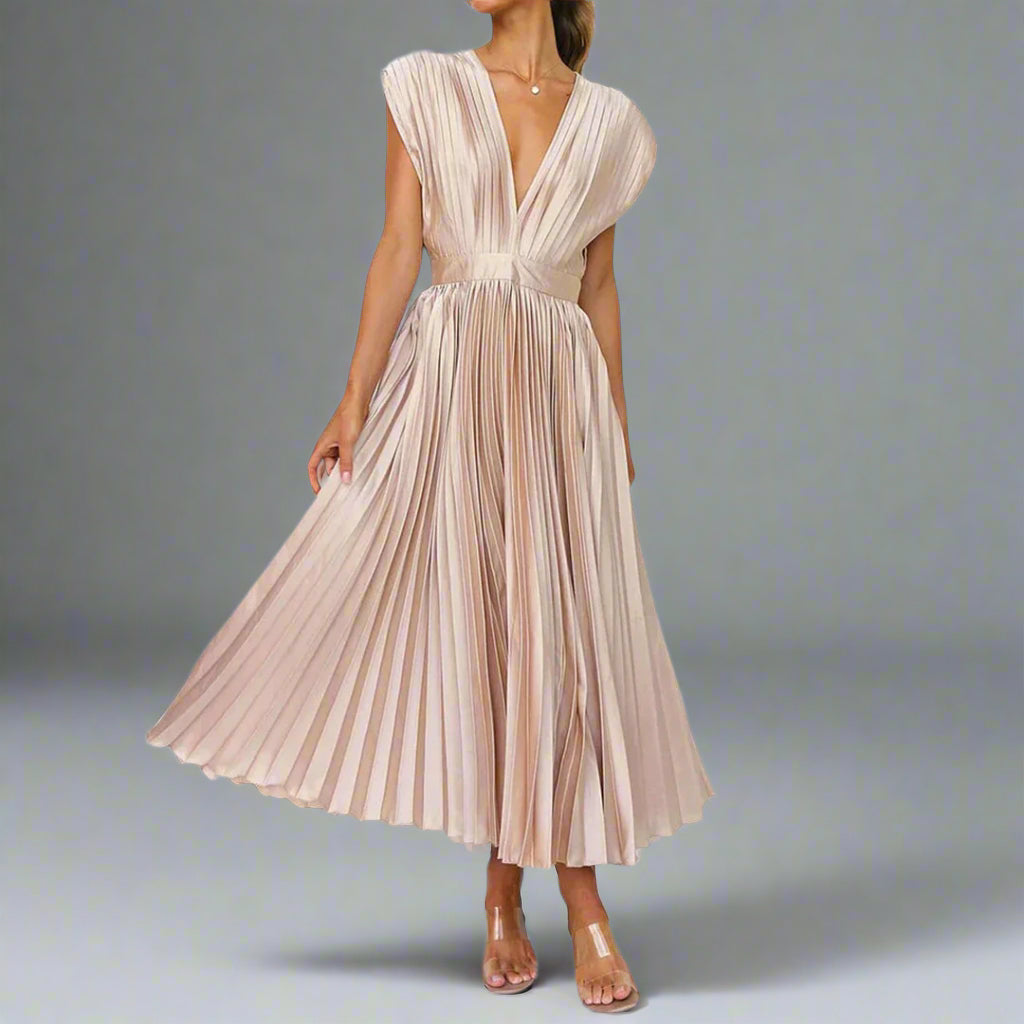 Kasia | Women's Pleated V-Neck Midi Dress