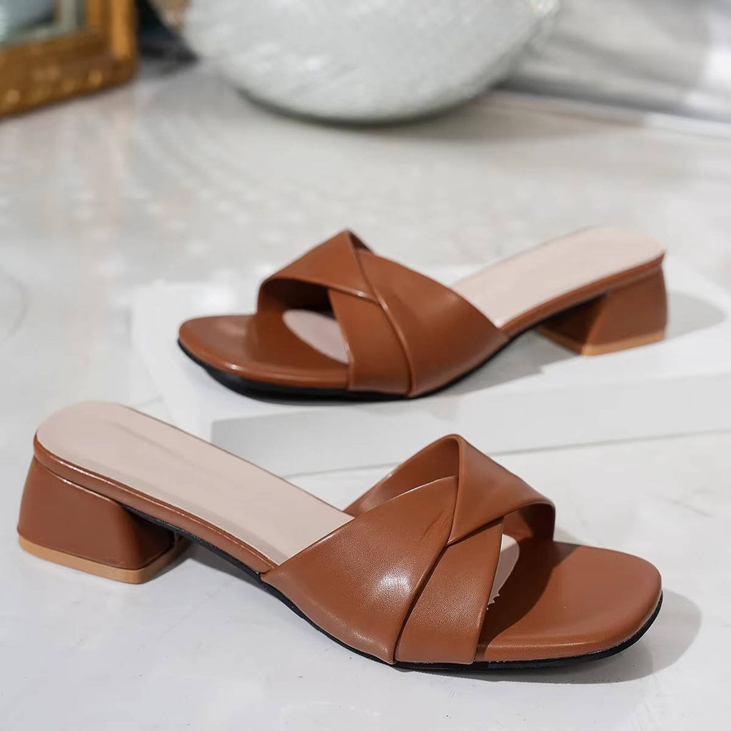 Sylira | Women's Crossover Strap Block Heel Summer Slides