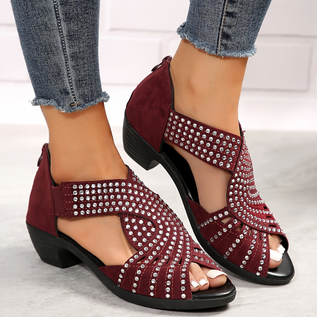 Peregrine | Women's Rhinestone Embellished Peep Toe Block Heel Sandals