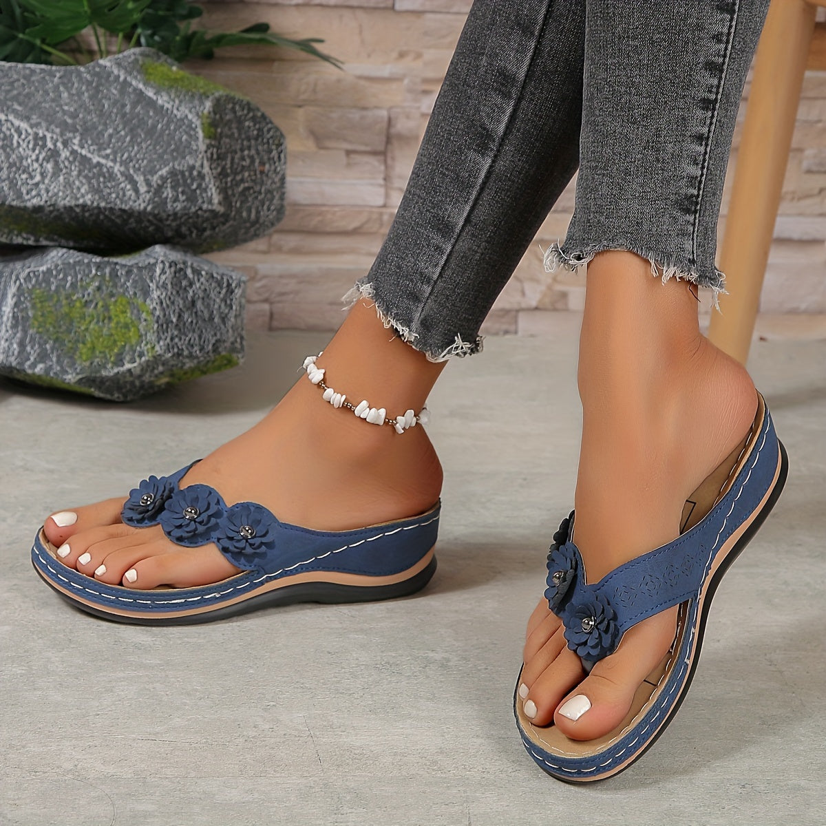 Oleander | Women's Floral Embellished Thong Wedge Sandals