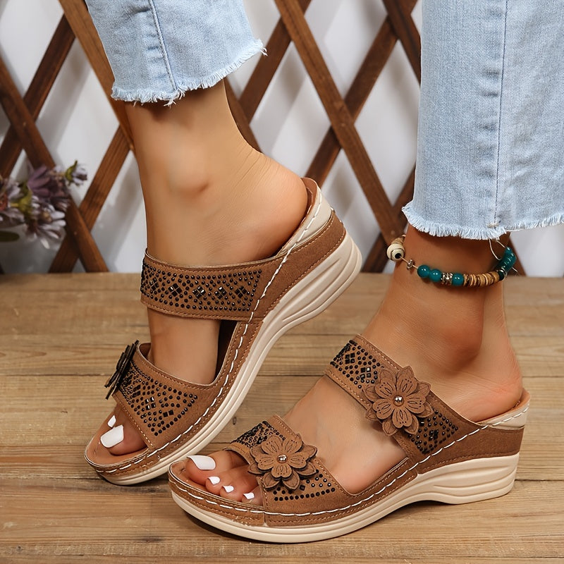 Griseldis | Women's Floral Appliqué Cut-Out Wedge Slides