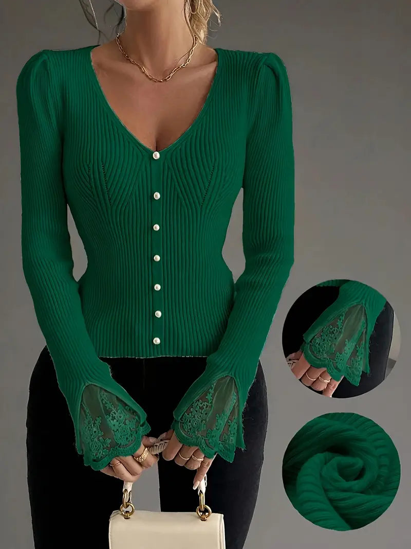 Ribbed Top with V-Neck and Lace Sleeves