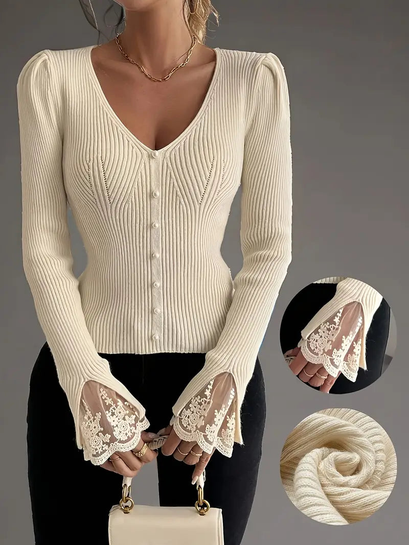 Ribbed Top with V-Neck and Lace Sleeves