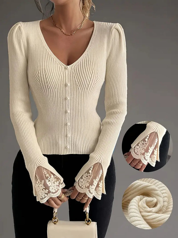 Ribbed Top with V-Neck and Lace Sleeves
