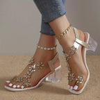 Caius | Women's Floral Crystal T-Bar Clear Block Heel Sandals