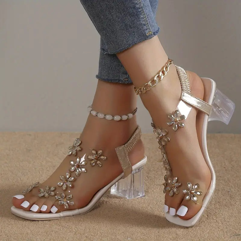 Caius | Women's Floral Crystal T-Bar Clear Block Heel Sandals