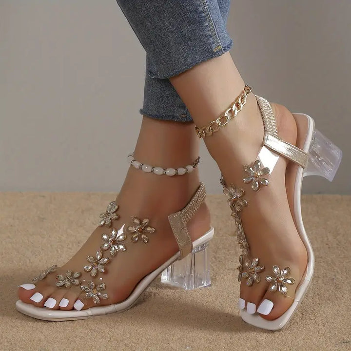 Caius | Women's Floral Crystal T-Bar Clear Block Heel Sandals