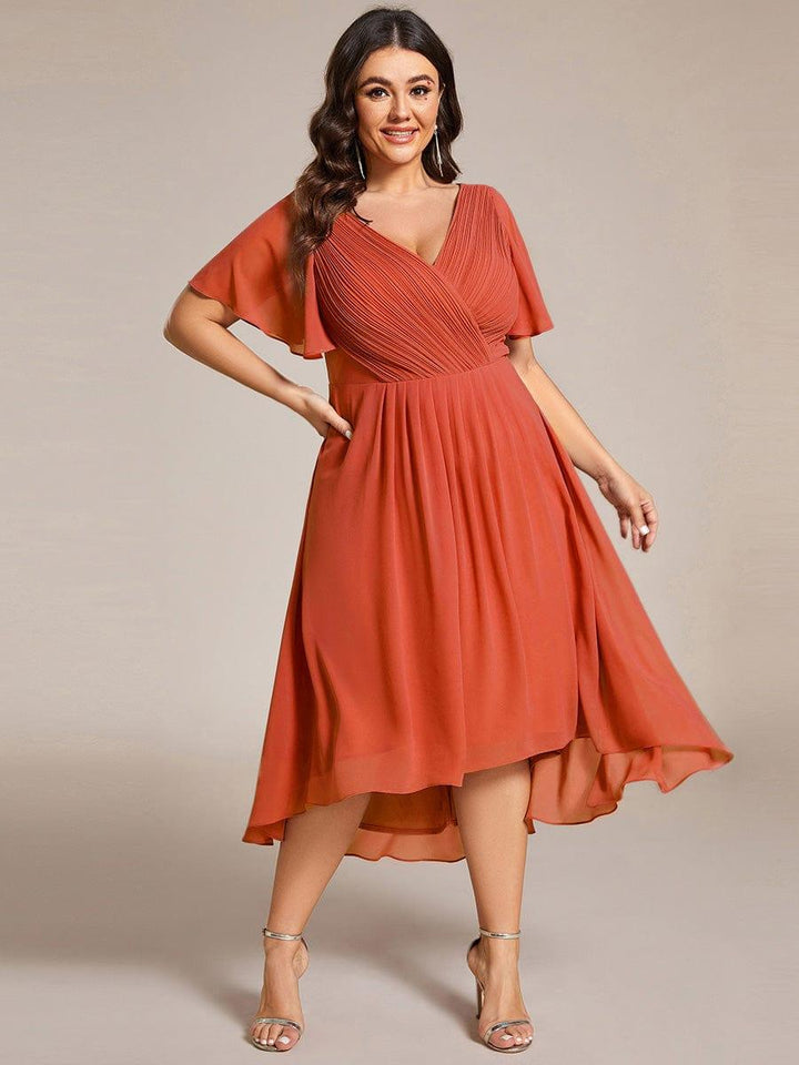 Grace & Jess | Plus Size V-Neck High-Low Chiffon Wedding Guest Dress