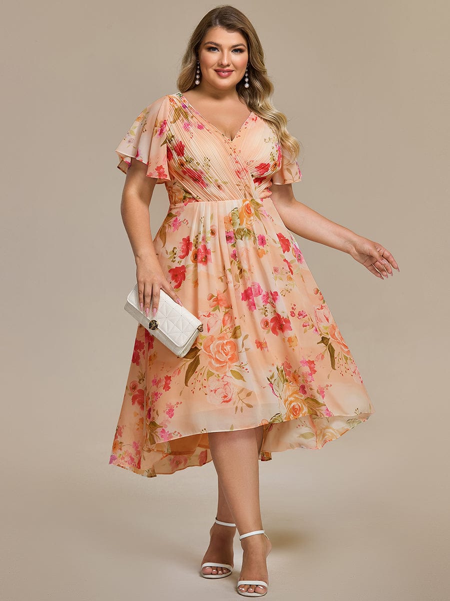 Grace & Jess | Plus Size V-Neck High-Low Chiffon Wedding Guest Dress