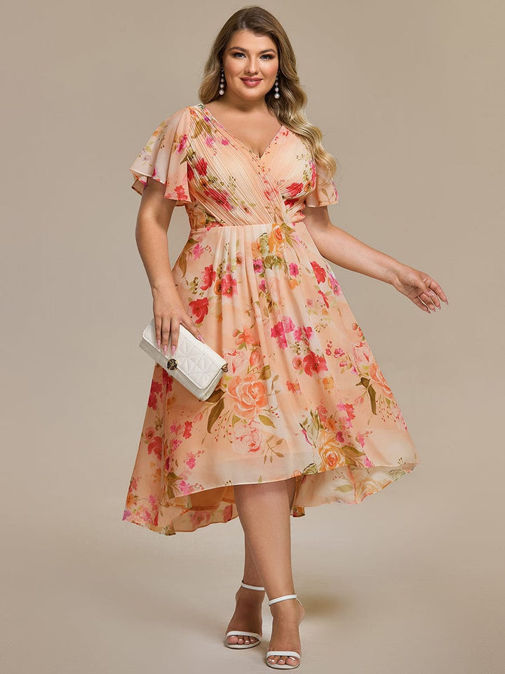 Grace & Jess | Plus Size V-Neck High-Low Chiffon Wedding Guest Dress