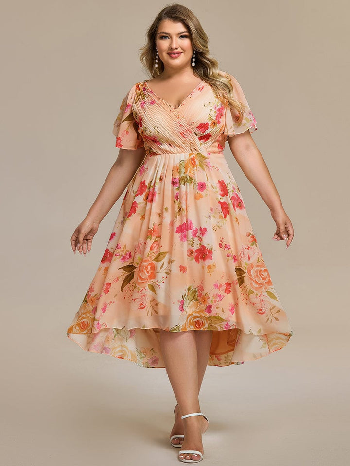 Grace & Jess | Plus Size V-Neck High-Low Chiffon Wedding Guest Dress