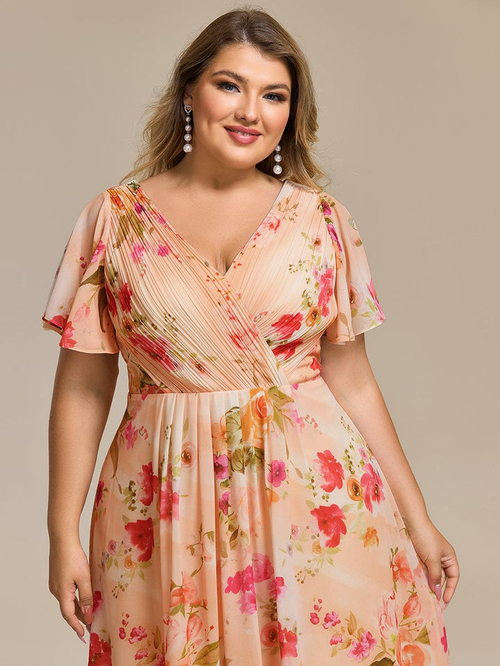 Grace & Jess | Plus Size V-Neck High-Low Chiffon Wedding Guest Dress