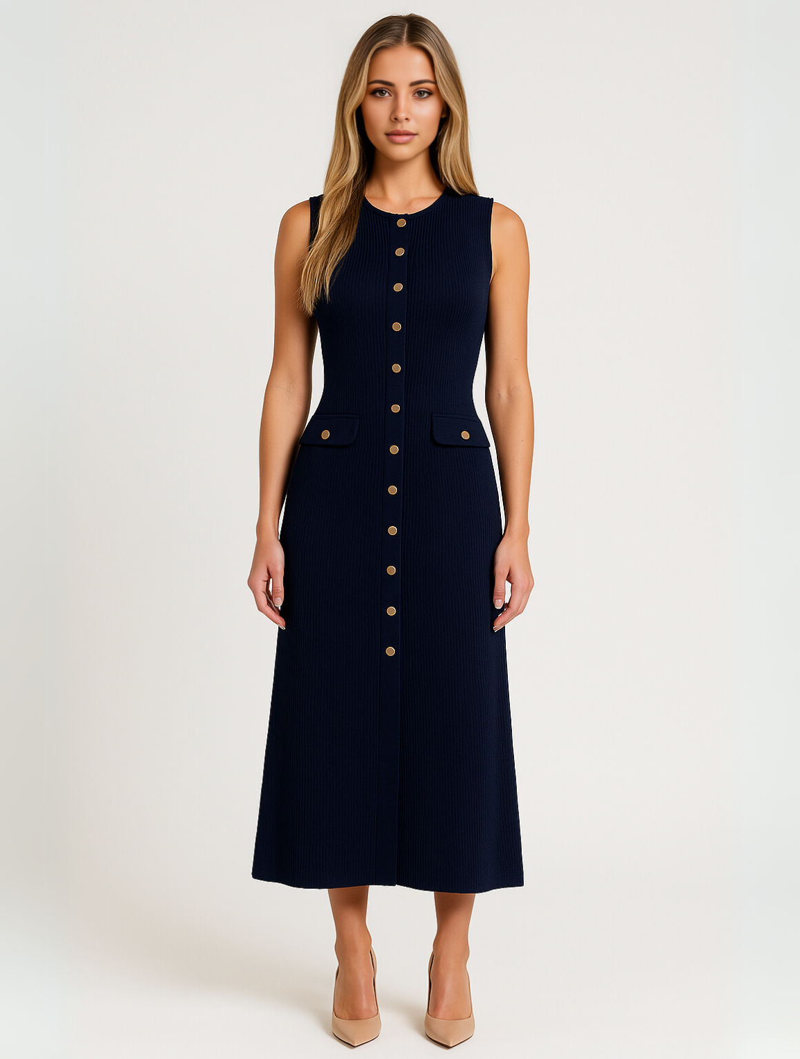 Clio | Women's Sleeveless Button Front Midi Dress