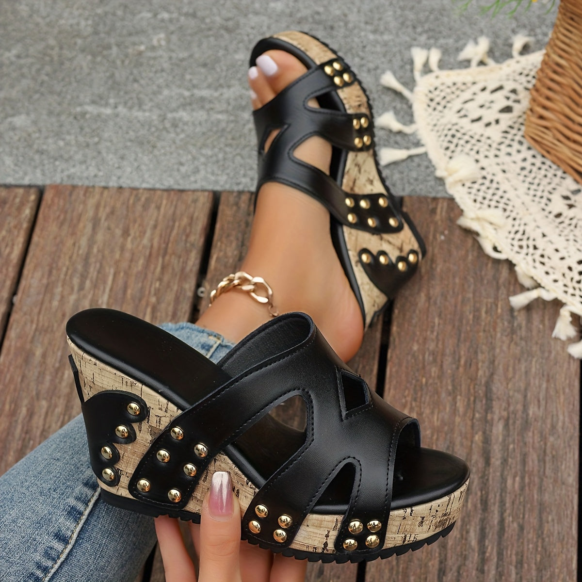 Euan | Women's Chic Studded Wedge Sandals