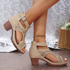 Eustacia | Women's Laser Cut Buckle Block Heel Sandals