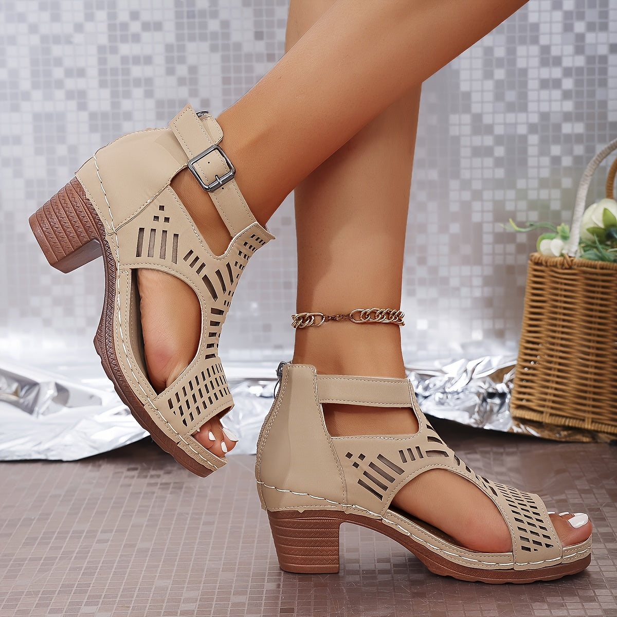 Eustacia | Women's Laser Cut Buckle Block Heel Sandals