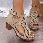 Eustacia | Women's Laser Cut Buckle Block Heel Sandals